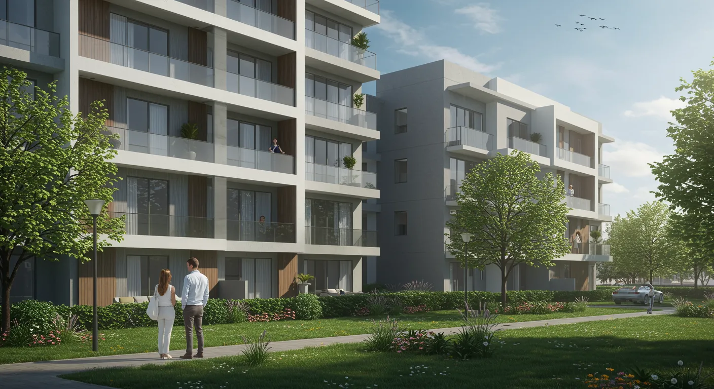 imagen26 1 Create a photorealistic image featuring a modern residential development that embodies innovation, safety, and high quality. The composition should center on a sleek, contemporary building with clean lines, expansive glass facades, and integrated natural landscaping that reflects a harmonious blend of modern architecture and nature. In the foreground, include one or two white individuals—dressed in smart casual attire—engaging in conversation or confidently surveying the project, symbolizing the personal and professional commitment to transforming lifestyles. Emphasize natural daylight and vibrant colors to convey a welcoming, secure, and upscale atmosphere that captures Lincea’s mission of creating spaces that transform lives.