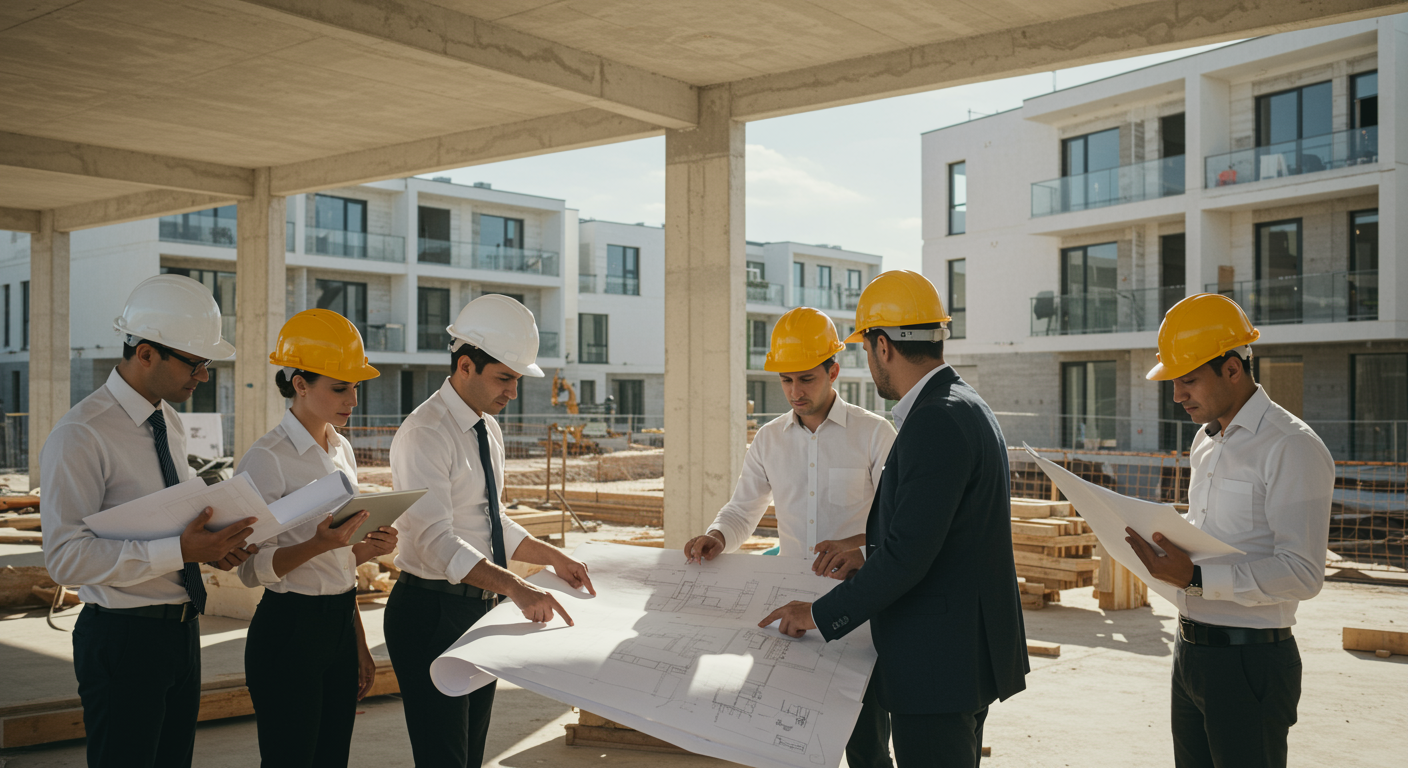 A high-resolution, ultra-realistic image of a modern construction site showcasing innovative housing development. The scene features sleek, contemporary residential buildings in various stages of construction, with clean lines and sustainable design elements. In the foreground, a diverse team of white architects and engineers in professional attire reviews detailed blueprints and digital tablets, symbolizing commitment to quality and precision. Sunlight bathes the construction area, highlighting both the cutting-edge technology and the excellent craftsmanship. The overall composition exudes trust, innovation, and dedication, perfectly reflecting Lincea’s passion for transforming spaces into exceptional modern homes.
