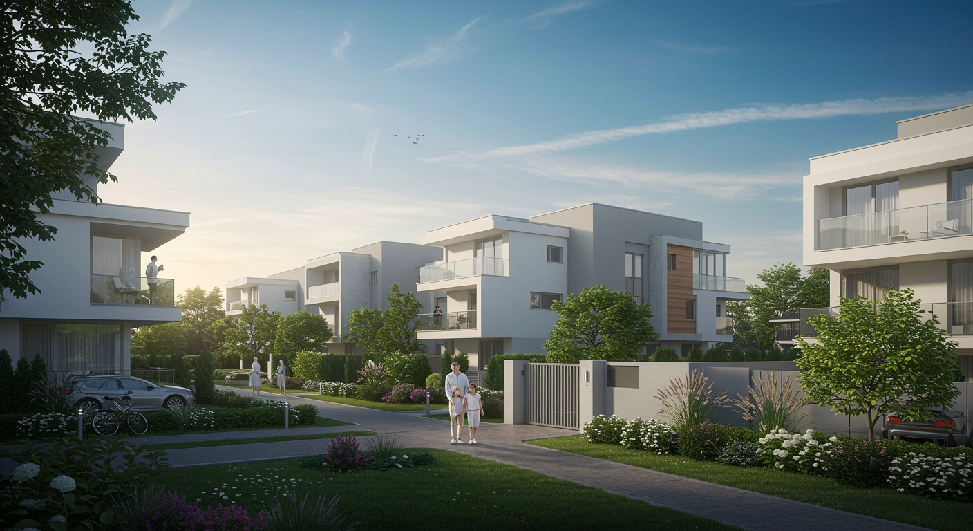 A high-resolution, hyper-realistic image depicting a modern residential development that embodies safety, innovation, and quality of life. The scene showcases sleek contemporary houses with clean, glass facades, minimalist architectural lines, and spacious balconies, all set within meticulously landscaped gardens and secure gated entryways. In the foreground, a small group of content white individuals—a family admiring their new home—adds a welcoming, human touch to the vibrant, sunlit environment. A bright blue sky with subtle hints of a warm sunset highlights the harmonious blend of modern design and a secure, community-focused living space.